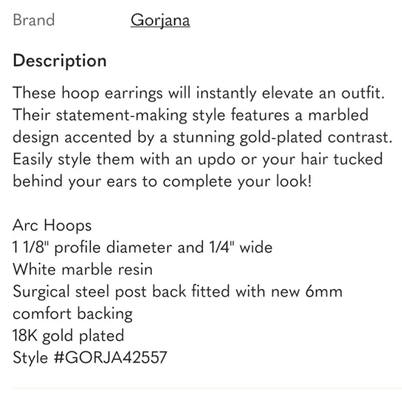 🌟Gorjana Paseo Arc Hoops White Marble 18k Gold Plate Earrings $85🌟 - Picture 5 of 5